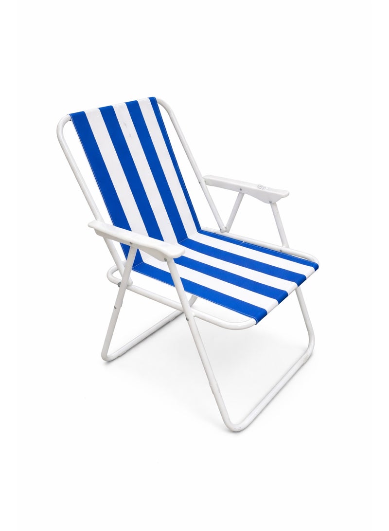 Foldable Beach Chair with Armrests – Blue & White Striped Outdoor Chair, Lightweight & Portable (68 cm) - Image 1